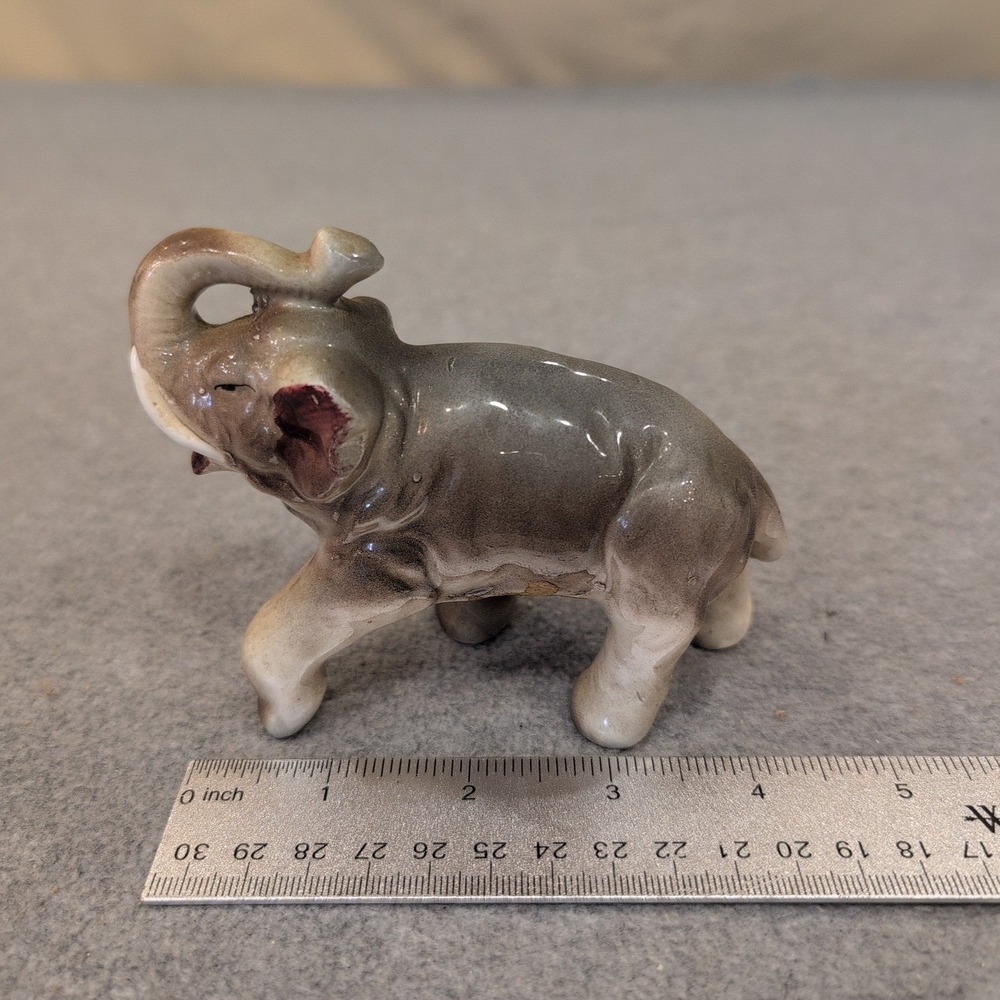 Vintage Ceramic Elephant Figurine Trunk Up Good Luck Glossy Grey Tan Painted - Picture 3 of 4